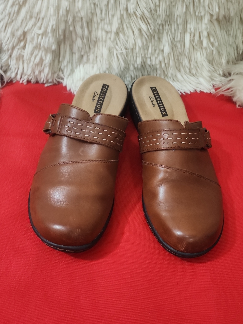 Clarks Brown Leather Slip-On Mules with Decorative Strap